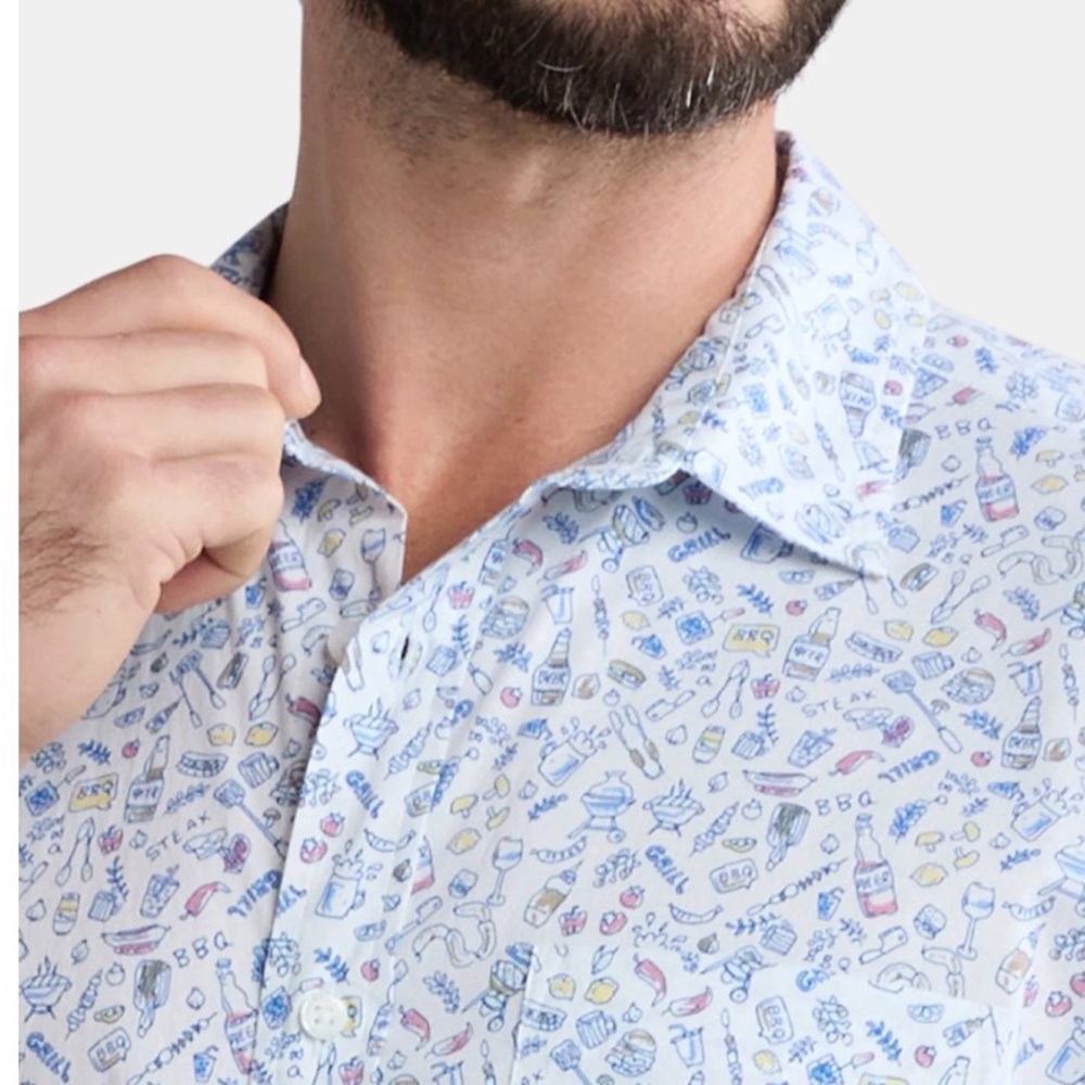 George Men's Button-Up Short Sleeved Shirt Featuring a Bbq or Grill Theme.
